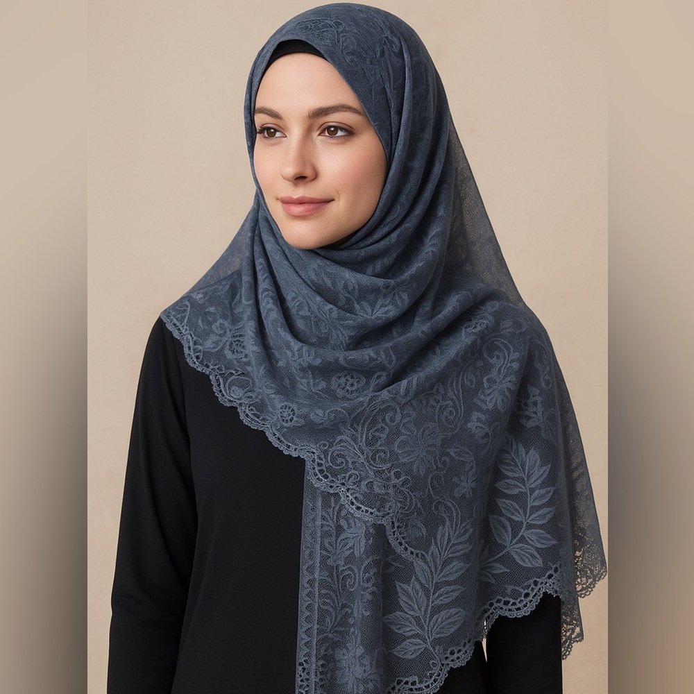 Kashkha Gray Embroidered Sheer Hijab with Scalloped Hem – New With Tags